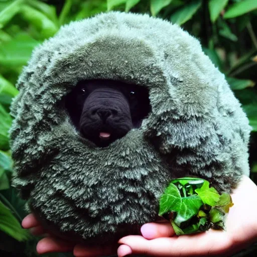 Prompt: big fluffy tardigrade in a cage, eating leaves and pellets, cute, wholesome