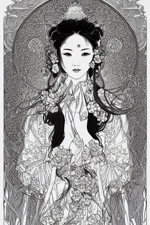 Prompt: A beautiful and detailed intricate ink illustration of beautiful of thai princess by kittichai rueangchaichan, angelic, floralpunk, Artstation, art nouveau aesthetic, in the style of Alphonse Mucha background, realistic, dramatic, heavenly atmosphere