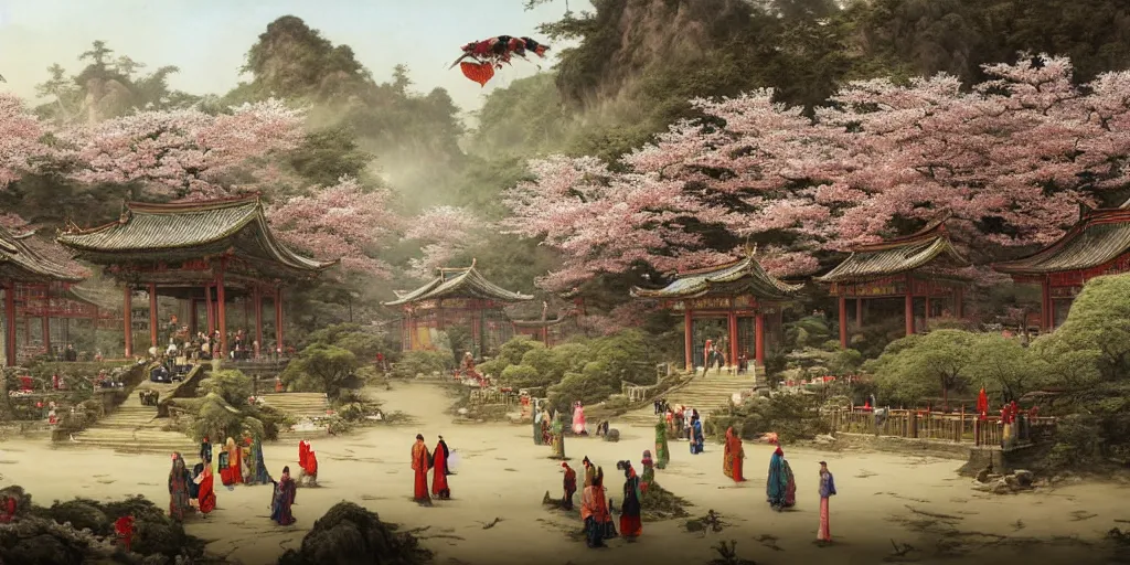 Prompt: a street in a ancient chinese characteristics. it has a high degree of fantasy. cherry blossom forest, there are pavilions in the air, koi jumping in the air, and fairy birds and animals such as cranes and deer coexist with people. it is the life scene of the ancient people, a detailed matte painting by christophe vacher and albert bierstadt