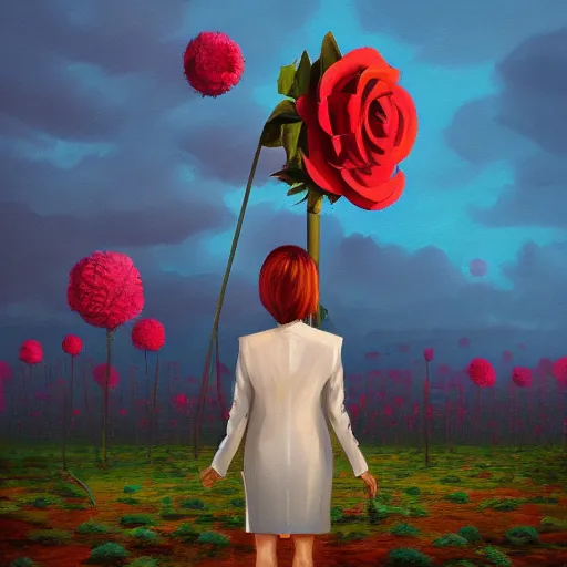 Image similar to portrait, giant rose flower head, girl in a suit, surreal photography, sunrise, blue sky, dramatic light, impressionist painting, digital painting, artstation, simon stalenhag