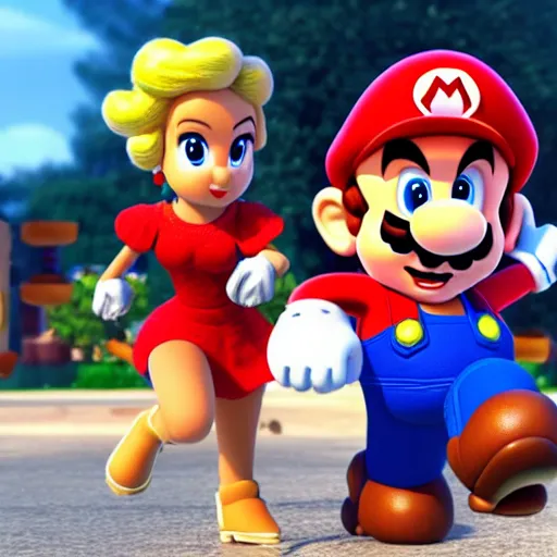 Image similar to super mario and hispanic princess peach spicy latina in pixar animated movie 4k octane render