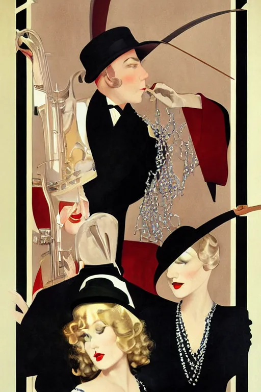 Image similar to a painting depicting Jazz Age high society people, 1920s style, smooth, highly detailed, high contrast, Coles Phillips, Dean Cornwell, JC Leyendecker, 8K