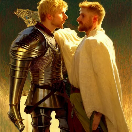 Image similar to attractive arthur pendragon and his attractive male knight, they are in love, natural lighting, path traced, highly detailed, high quality, digital painting, by gaston bussiere, craig mullins, alphonse mucha j. c. leyendecker