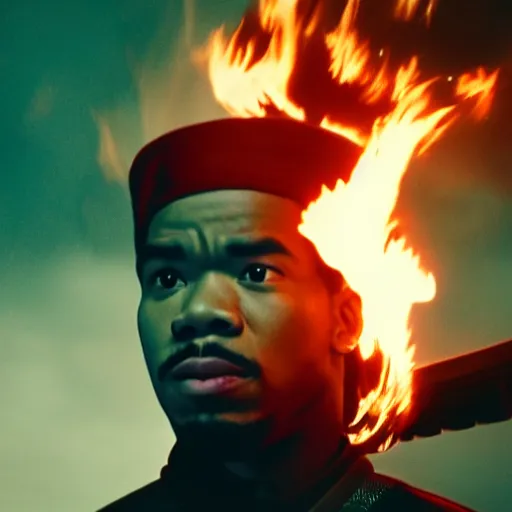 Image similar to cinematic film still of Chance The Rapper starring as a Samurai holding fire, Japanese CGI, VFX, 2022, 40mm lens, shallow depth of field, film photography