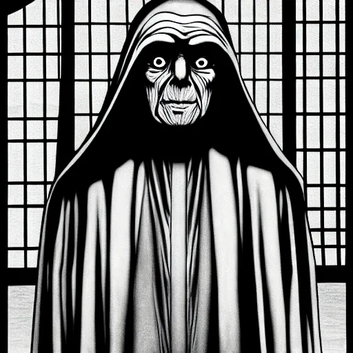 Prompt: Emperor Palpatine portrait in the style of Junji Ito. Manga. Black & White. Gothic. Horror. Exquisitely detailed. 4K.