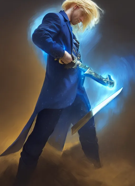 Image similar to side profile of a man with blonde hair in a blue suit wielding a large sword and a gun in a holster, fantasy, digital painting, volumetric light, intricate, sharp, focus, bloom, illustration, highly detailed, concept art, matte, ruan jia, randy vargas, greg rutkowski