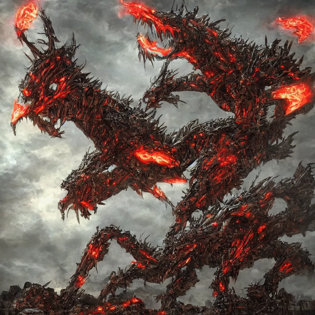 Image similar to high quality art of a mechanized dragon in an apocalyptic future, made of plates and armor throughout the body, having 4 limbs and 4 talons on each foot, and glowing fiery red eyes, climbing over a destroyed building in a hazy radioactive atmosphere, roaring with an epic pose into the air as the building crumbles under the weight, showing lots of sharp teeth. furaffinity, deviantart, artstation, high quality