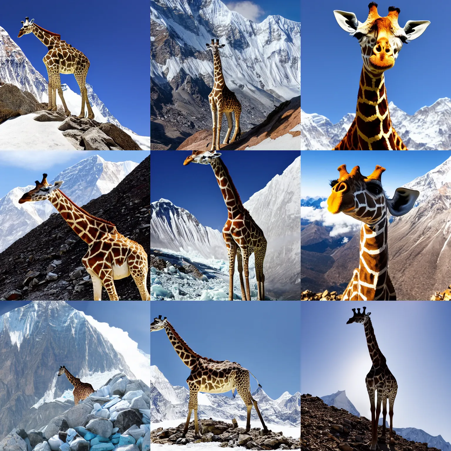 Prompt: a giraffe standing on its front legs at the top of mount everest, realistic, 1 5 mm photo