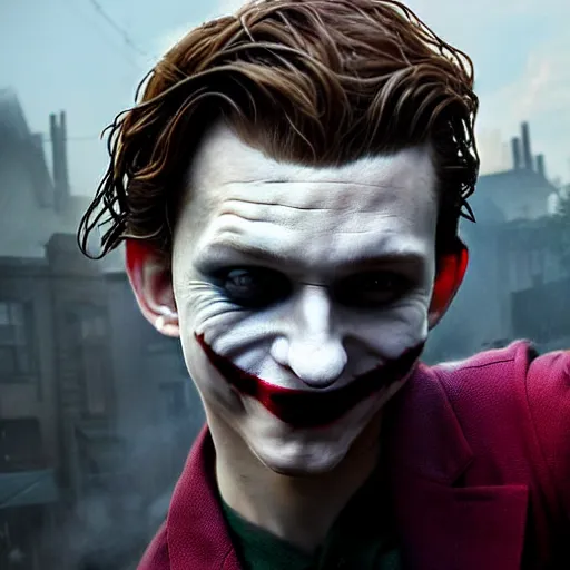 Prompt: selfie of tom holland as young joker, fine detailed face, long hair, stunning 3 d render inspired art by greg rutkowski and xiang duan and thomas eakes, realistic, highly detailed attributes and atmosphere, dim volumetric cinematic lighting, 8 k octane detailed render, post - processing, masterpiece,