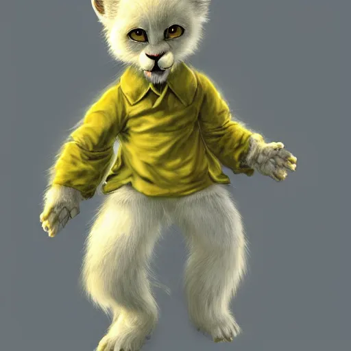 Prompt: Character portrait of a albino furry anthro albino mountain lion, color page, 4K, tone mapping, doll, Akihiko Yoshida, James_Jean_Andrei_Riabovitchev_Marc_Simonetti, Yoshitaka Amano, digital illustration, yellow button shirt, green slacks