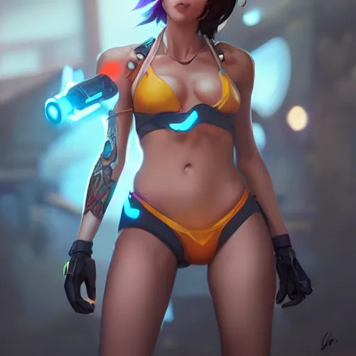 Image similar to overwatch tracer in a bikini, digital art, pretty face, very beautiful face, very detailed eyes, 8 k resolution, by wlop, greg rutkowski, full body