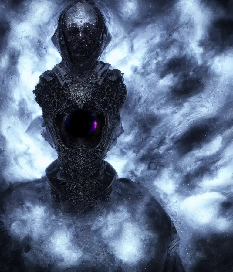 Image similar to impressive ominous front!! shot photo of a court jester character fine portrait fine portrait mesmerizing fractal hyper cubes platinum cracked dark future hyper dimensional space galactic crystal nebula edges elegant detailed intricate concept artstation sharp focus ray tracing cinematic masterpiece temporal corruption beeple wlop germ 8 4 k scifi glossy hyper realistic illustration canon eos r 3 fujifilm x - t 3 0 sony alpha a 6 6 0 0