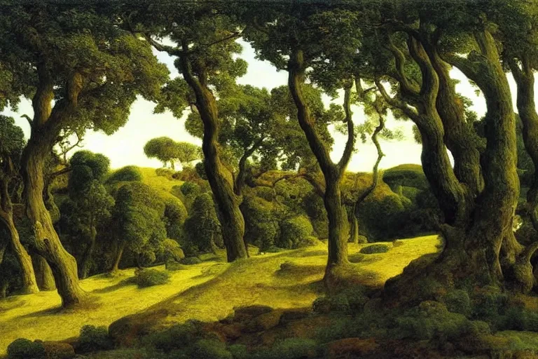 Image similar to masterpiece painting of oak trees on a hillside overlooking a creek, dramatic lighting, by elihu vedder
