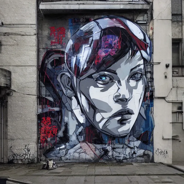 Image similar to Street-art painting of ghost in the shell is style of Banksy, photorealism