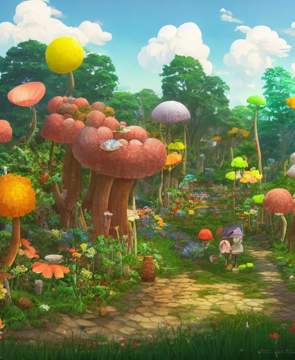 Prompt: a simple, whimsical school made from flowers, overgrown with huge exotic fungus, deep in the woods, cheerful, partly cloudy, by dan mumford, yusuke murata, makoto shinkai, ross tran, dreamy, cinematic, unreal engine, cel shaded, featured on artstation, pixiv