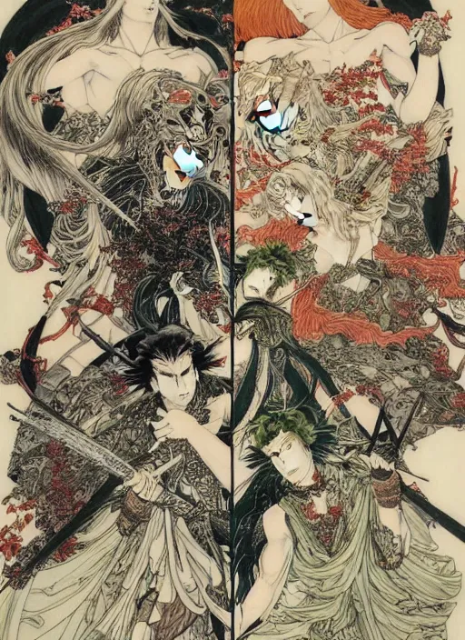 Image similar to battle between good and evil , battle between angels and demons, by and Austin Osman Spare and Takato Yamamoto and Yoshitaka Amano, high resolution, ultra detailed