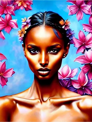 Image similar to portrait of jasmine tookes with a floral background : : painted by artgerm, karol bak, artur bordalo, sandra chevrier : : portrait, character, illustration, hyperrealism, photorealism