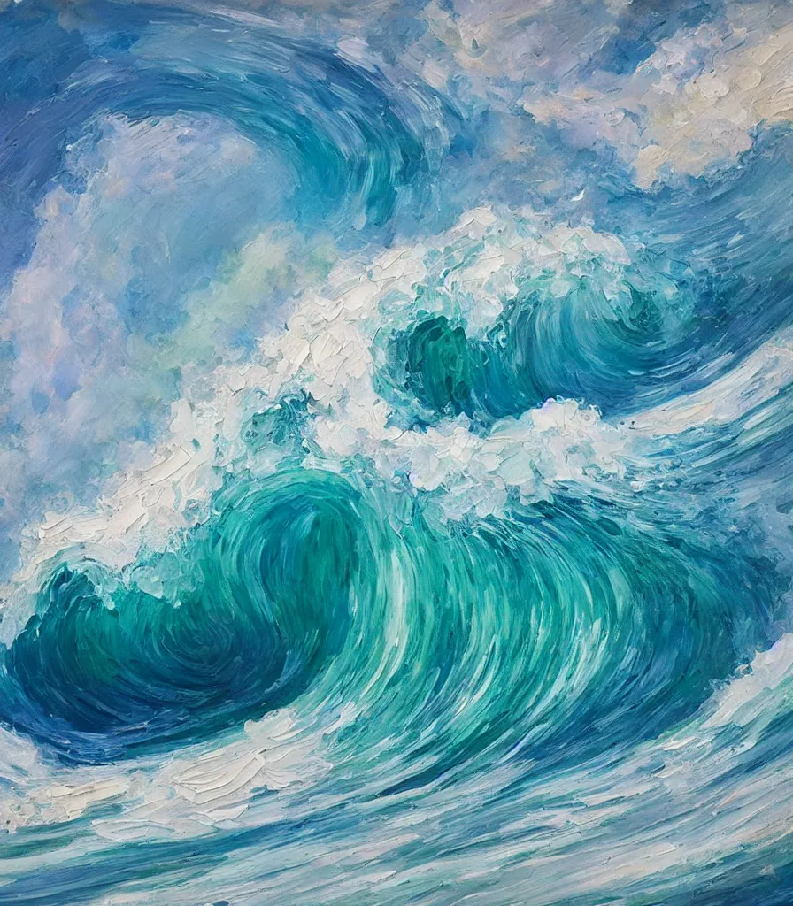 Image similar to an impasto oil painting of one single beautiful hawaiian wave, monochromatic color scheme, high detail, breathtaking wave, modern art, abstract art, soft colors, inverted colors