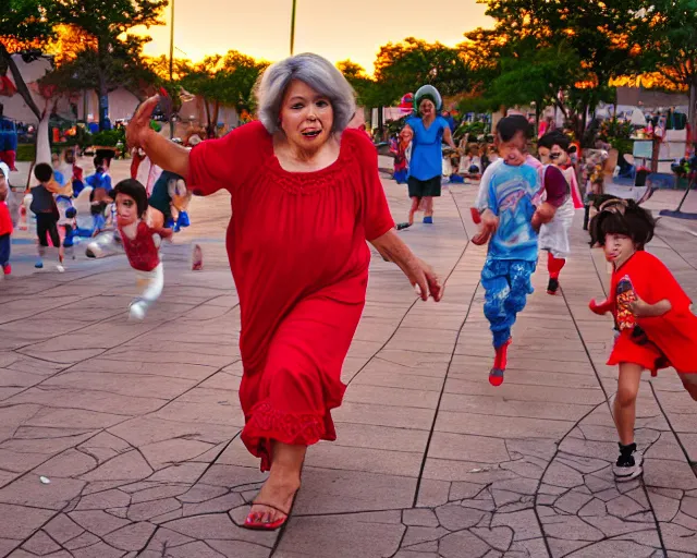 Prompt: Hispanic Granny In A Red MuMu Throwing A Slide Sandal At A Bunch Of Kids Running Away From Her, Anime Style, Manga Style, 8K, HDR, San Antonio Texas Cityscape Sunset, HDR, volumetric lighting, Hyperrealistic-H 960