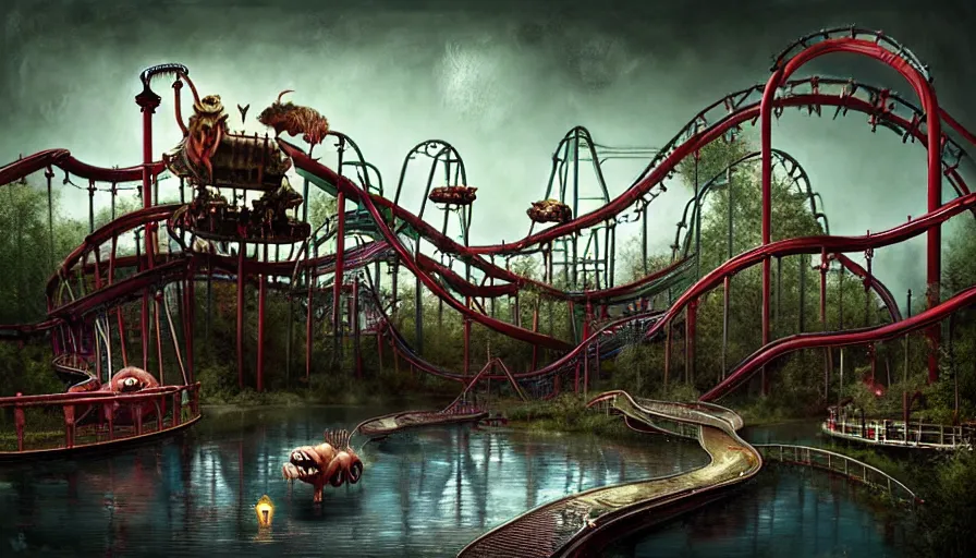 Image similar to michal karcz grunge painting of an amusement park, monster and horror theme. Monster-themed Water Coaster ride, detailed, elegant, intricate, 4k,