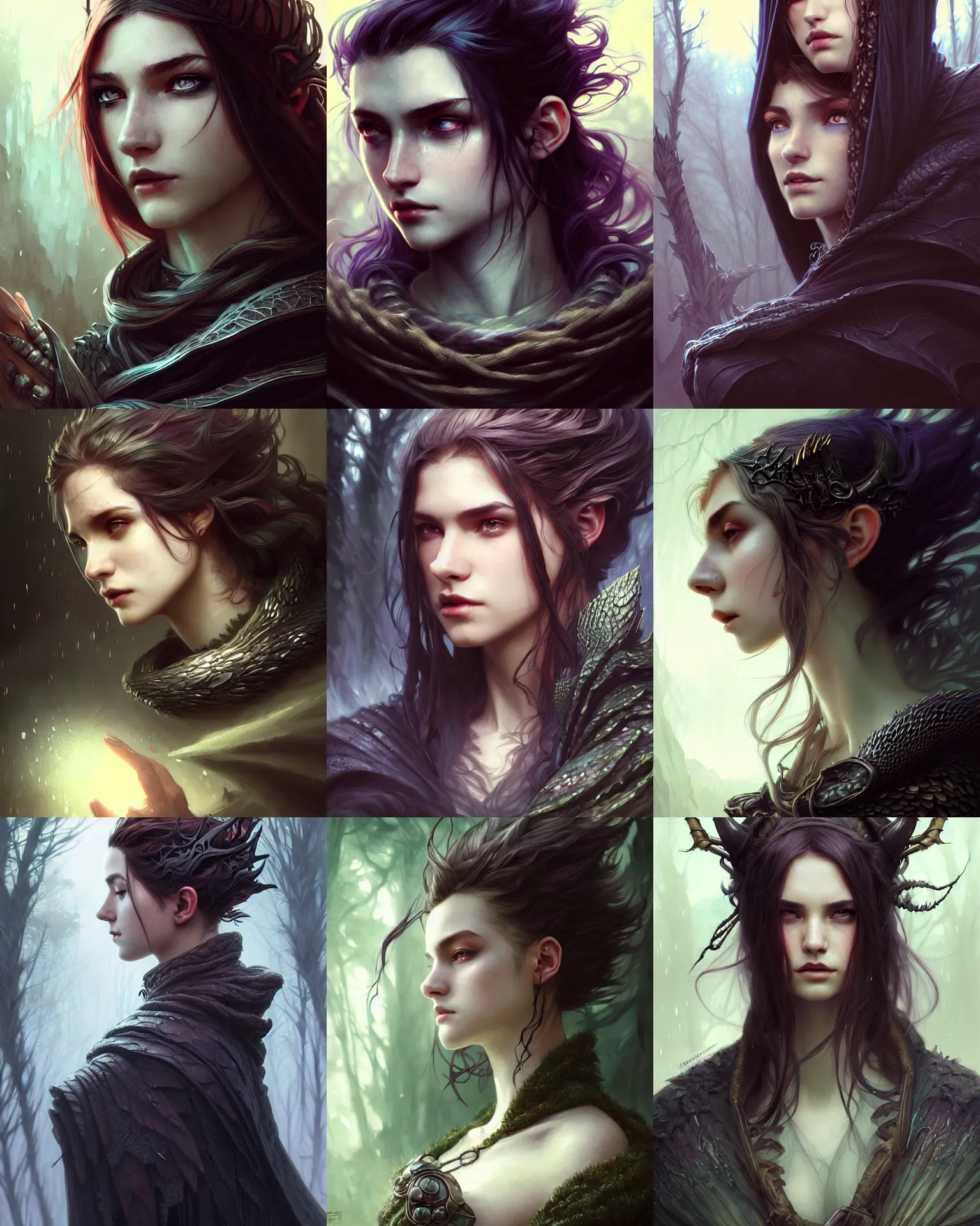 Prompt: cinematic side portrait rugged girl, adventurer outfit large cloak, fantasy forest landscape, dragon scales in hair, supervillain, fantasy magic, undercut hairstyle, dark light night, intricate, elegant, sharp focus, illustration, highly detailed, digital painting, concept art, matte, art by WLOP and Artgerm and Greg Rutkowski and Alphonse Mucha, masterpiece