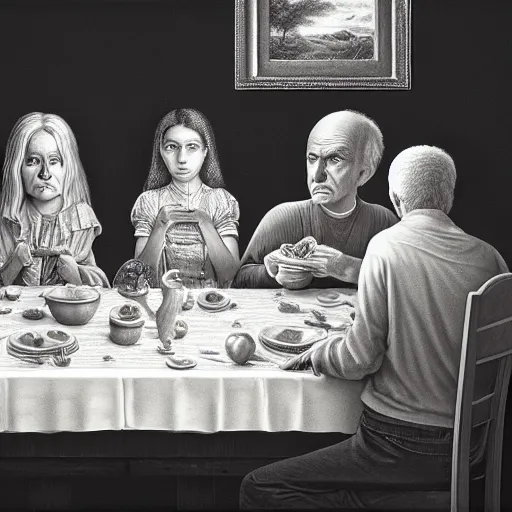 Image similar to a magnificent masterpiece artwork depicting a sad family at a dinner table, by laurie lipton, trending on artstation, cinematic, highly detailed, 8 k,