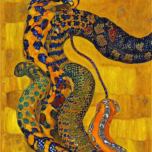 Prompt: detailed oroboros snake biting its tail frathered serpent painting by gustav klimt