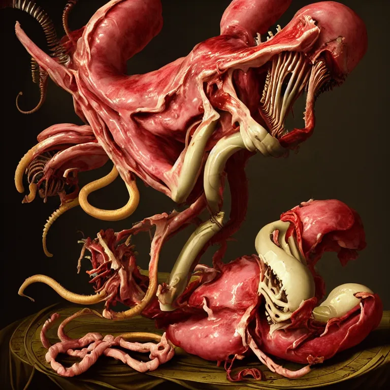 Prompt: still life of rotten meat flesh white xenomorph beautiful tropical flowers human spine colorful mold baroque painting, beautiful detailed intricate insanely detailed octane render, 8K artistic photography, photorealistic, chiaroscuro, Raphael, Caravaggio