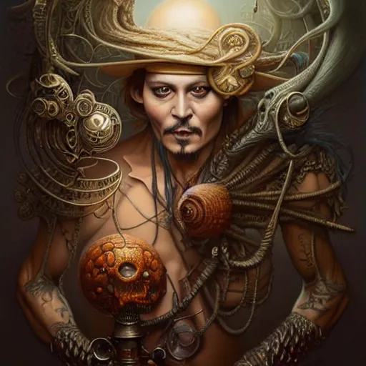 Prompt: johnny depp missing his arms and legs, intricate, highly detailed, centered, digital painting, artstation, concept art, smooth, sharp focus, illustration, artgerm, tomasz alen kopera, peter mohrbacher, donato giancola, joseph christian leyendecker, wlop, boris vallejo