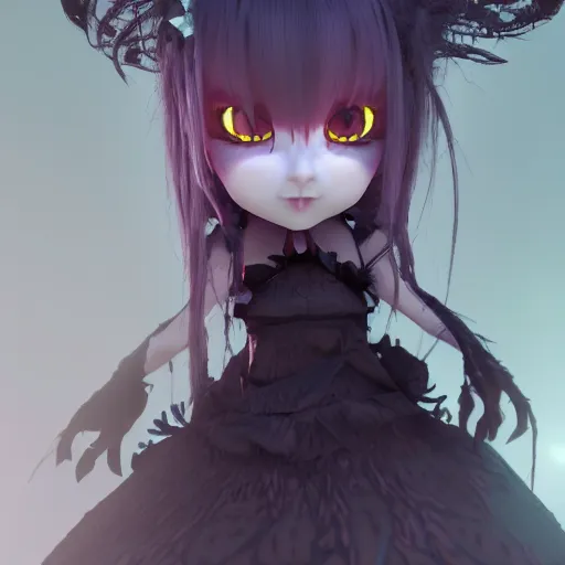 Image similar to full shot portrait of angry darkness Clara Morgane as a cute anime girl at moonlight, gothic wearing, inspired by Tim Burton, Norihiro Yagi, Marc Simonetti, Amano, Juri Misaki, detailed, unreal engine 4k volumetric light, fog,