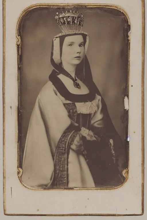 Prompt: a wet plate photo of a ferret dressed as anne boleyn, wearing a crown, wearing a robe