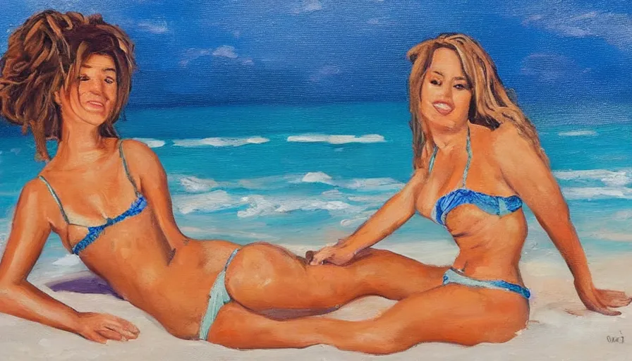 Image similar to an oil painting of rosalia the spanish singer in a bikini on a beach sipping a mojito