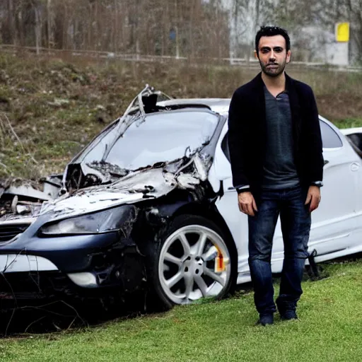 Prompt: xavi hernandez next to a crashed car