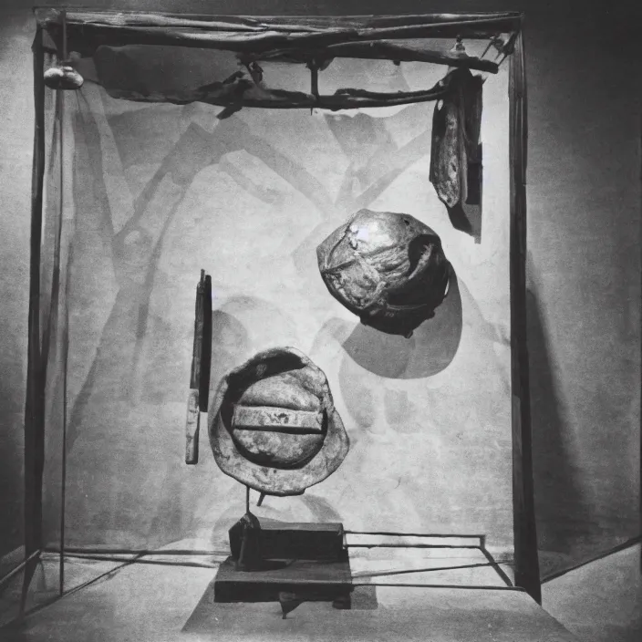 Prompt: an object on display in an ethnographic museum, film still, cinematic, enhanced, 1 9 2 0 s, black and white, grain