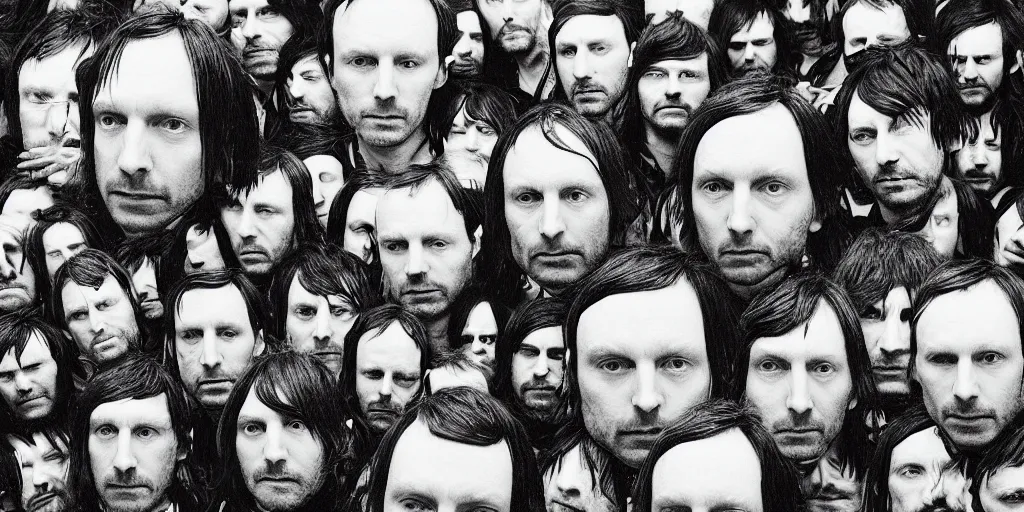 Image similar to Colin Greenwood, a black and white photo of a group Radiohead, an album cover by David Gilmour Blythe, pinterest, bauhaus, tesseract, composition, national geographic photo, flemish baroque