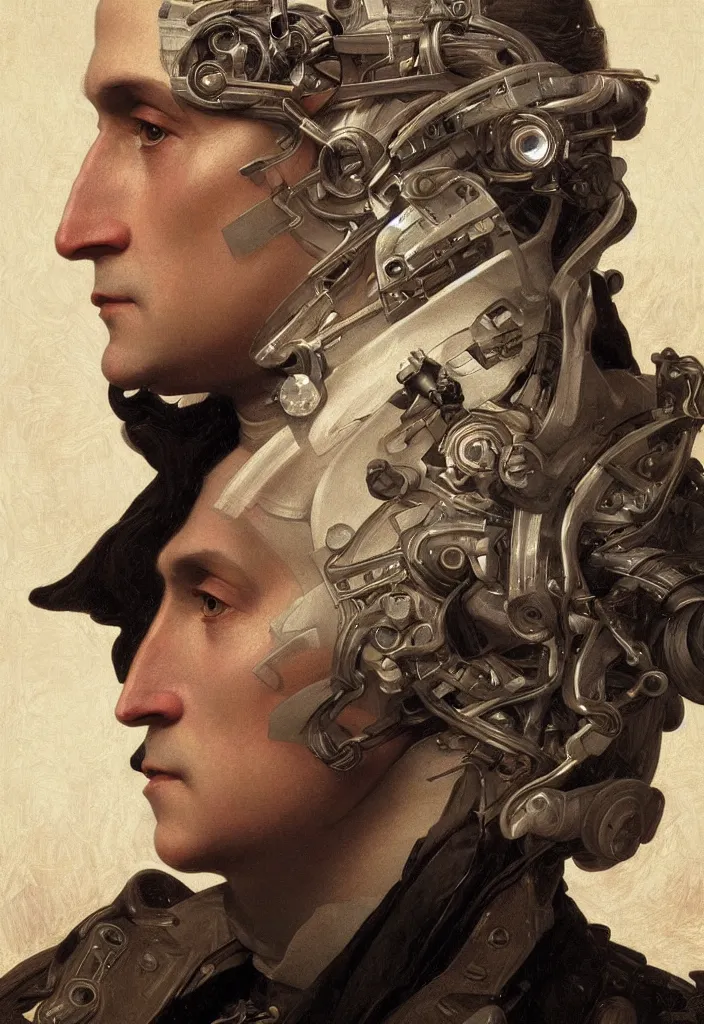 Image similar to a portrait of george washington with cybernetic upgrades to half of his face, intricate, war torn, highly detailed, digital painting, one eye human one eye robotic, artstation, concept art, smooth, sharp focus, illustration, art by artgerm and greg rutkowski and alphonse mucha and william - adolphe bouguereau