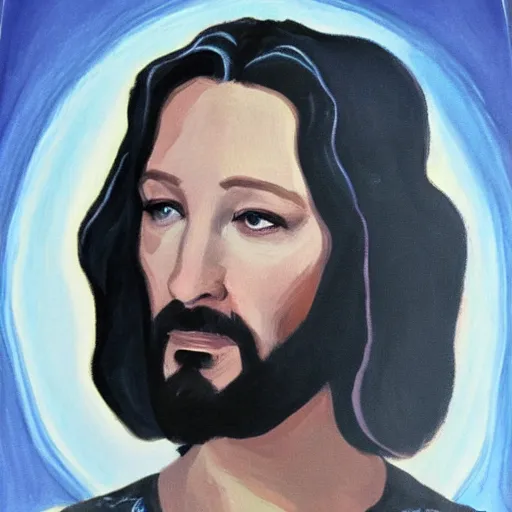 Prompt: painting of cate blanchett as Jesus