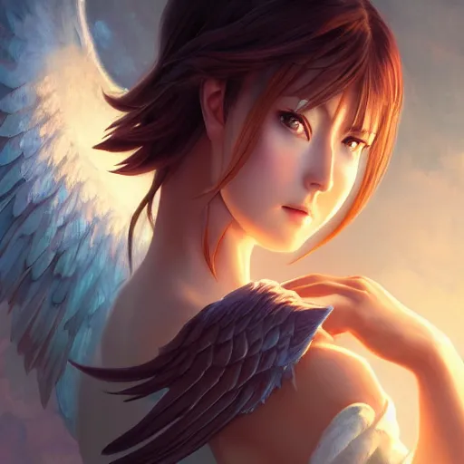 Image similar to an oil painting of a beautiful anime girl with angel wings, by artgerm, wlop and greg rutkowski, hd, hdr, ue 5, ue 6, unreal engine 5, cinematic 4 k wallpaper, 8 k, ultra detailed, high resolution, artstation, award winning