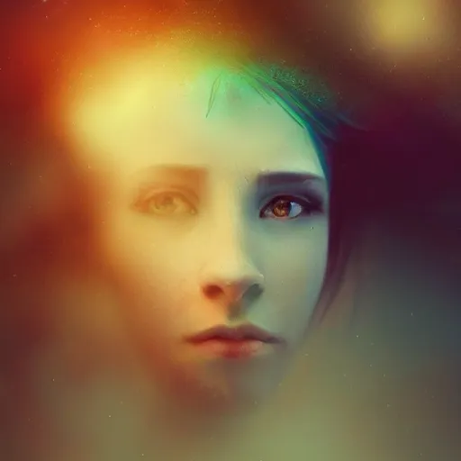 Image similar to i woke up in a world that had fragments of you. three-quarters portrait, flaky paper skin, different colored multicolored eyes, long flowing hair underwater, imagination cosmic dream, dreamy, 8k artgerm bokeh, award winning photography, trending on artstation, by Ivan Aivazovsky and Odilon Redon