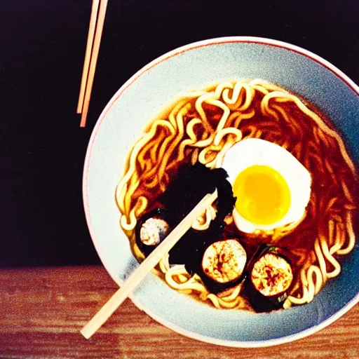 Image similar to A bowl of ramen cooked by Tadanori Yokoo, 35mm film