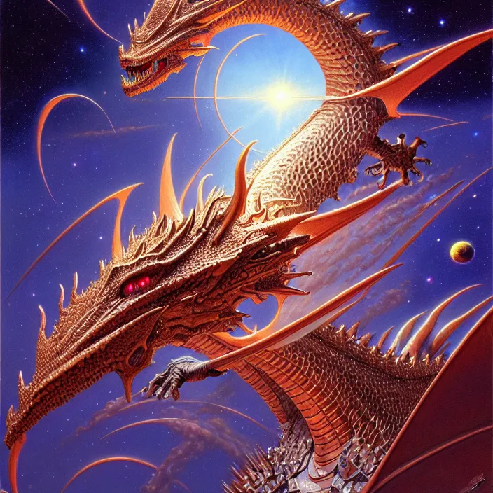 Prompt: a graceful dragon with chrome scales in outer space, tim hildebrandt, wayne barlowe, bruce pennington, donato giancola, larry elmore, oil on canvas, masterpiece, trending on artstation, featured on pixiv, cinematic composition, dramatic pose, beautiful lighting, sharp, details, hyper - detailed, hd, hdr, 4 k, 8 k