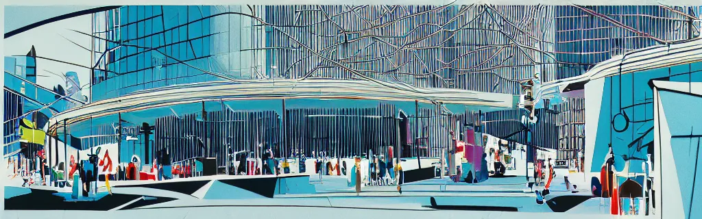 Image similar to coventry city centre, modernism, gouache, animated film, stylised, illustration, by eyvind earle, scott wills, genndy tartakovski, syd mead