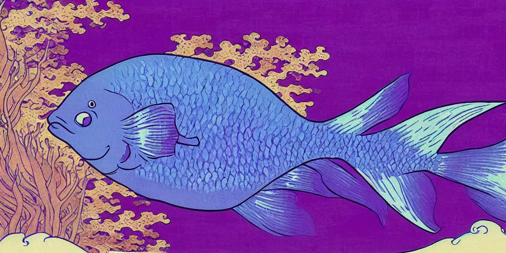 Image similar to A purple fish, swimming in a beautiful coral reef, aesthetically pleasing Digital art, Concept art by Hokusai and Vincent Van Gogh