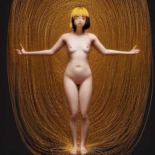 Prompt: An anime female goddess stands for a waist up portrait with her body sightly wrapped in thin gold wire creatively arranged so as to look like Emoji tattoos, in an empty Japanese Shoji home, hyper photo realistic 8K HD HDRI, photo by Annie Leibovitz.