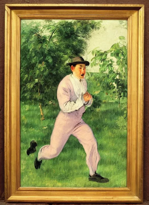 Prompt: vintage beautiful painting of a man running away from an overgrown dark green village full of pears in Mary Cassatt style