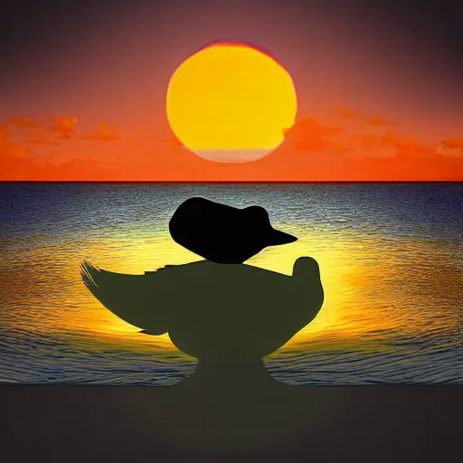 Prompt: a duck wearing a pirate hat looking at the sunset from a pirate ship, digital art