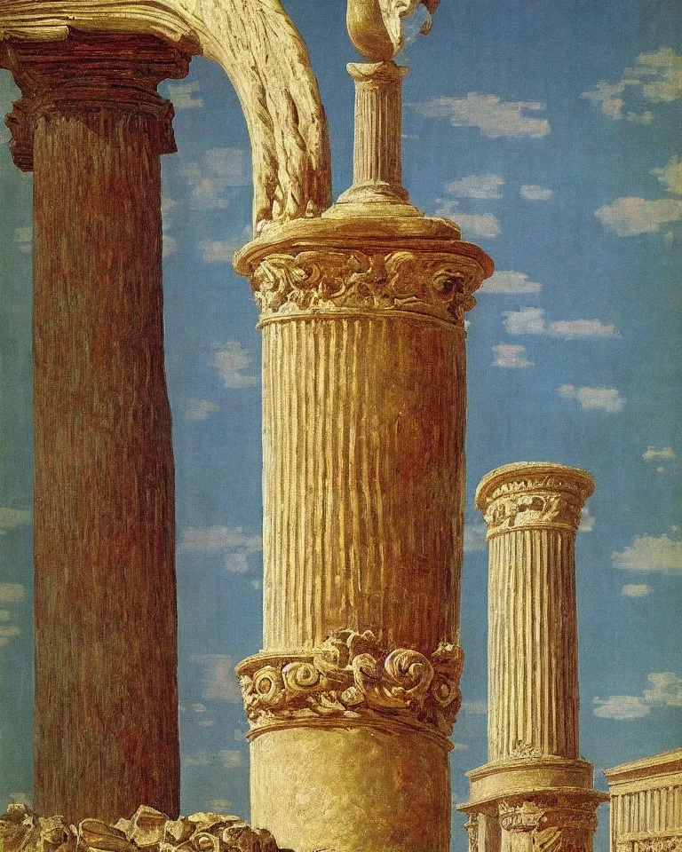 Image similar to achingly beautiful painting of intricate ancient roman corinthian capital on multicolored background by rene magritte, monet, and turner. giovanni battista piranesi.