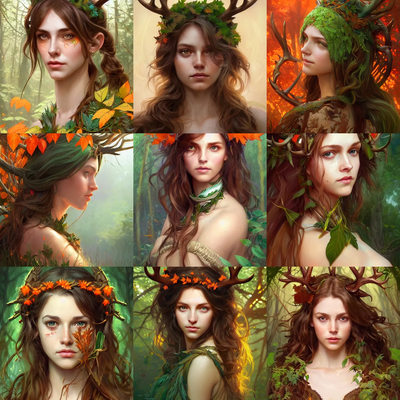 Prompt: beautiful digital painting of freya allen wooden antlers on her head brown curly hair with orange leaves small scars on her face forest in the background d & d fantasy intricate big beautiful green eyes cinematic lighting highly detailed digital painting artstation concept art smooth sharp focus illustration art by artgerm and greg rutkowski and alphonse mucha