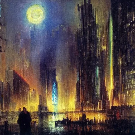 Image similar to cyberpunk city at night with silhouette figure in foreground. Turner painting 1910