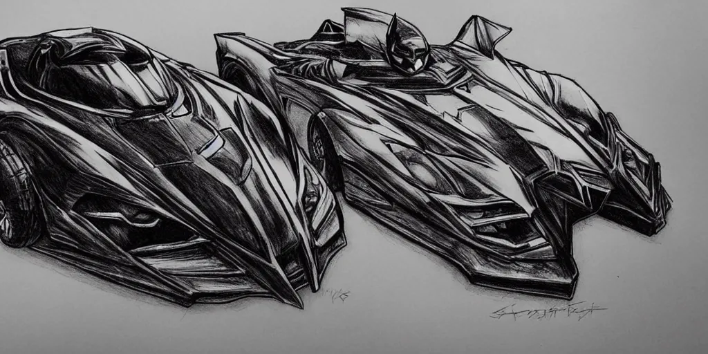 Image similar to ballpoint pen drawing of the batmobile, batman, arkham knight